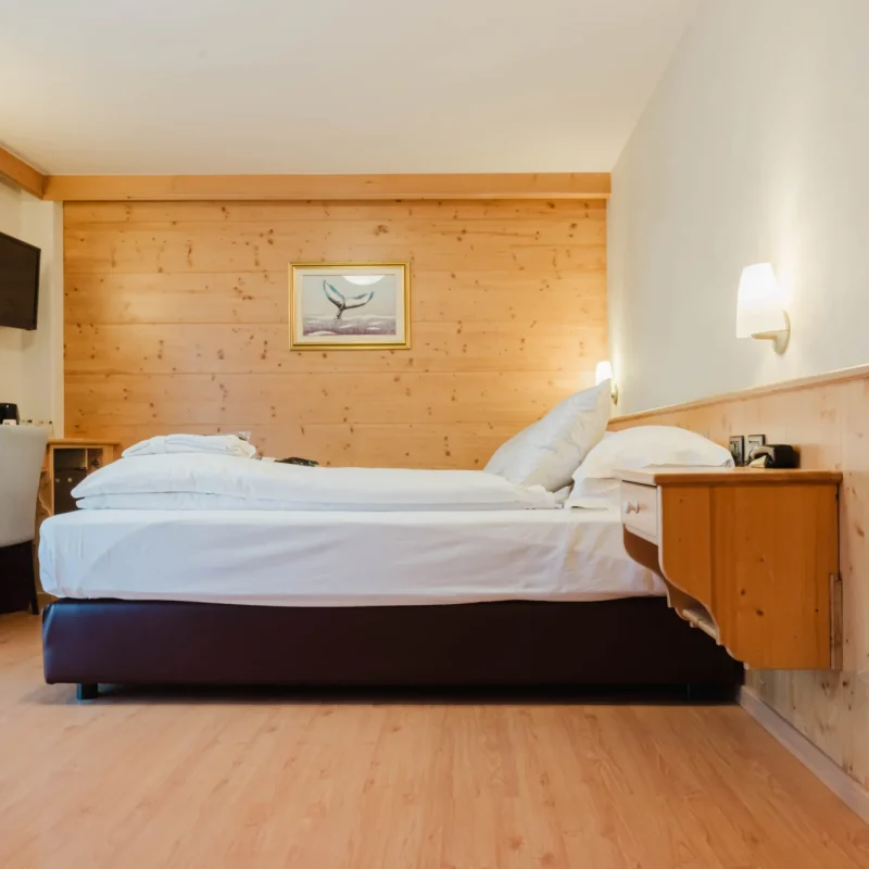 Ein gemütliches Hotelzimmer mit Holzwänden, Doppelbett und Wand-TV.