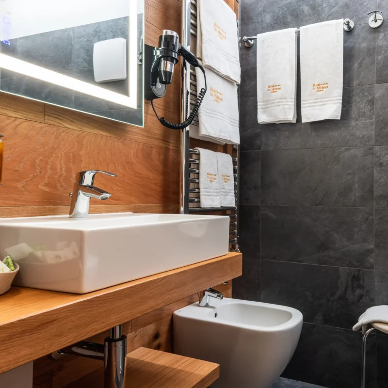 Modernes Badezimmer mit Waschbecken, Bidet und Handtüchern an der Wand.